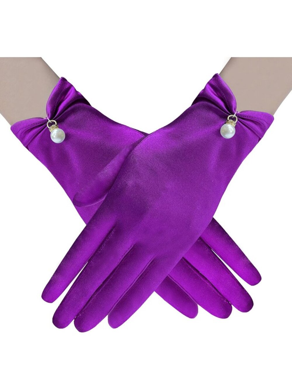 Women Purple Elegant Pearl Short Opera Dinner Halloween Floral Lace Gloves